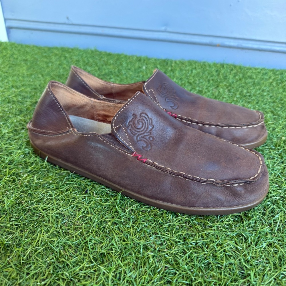 OluKai Nohea Nubuck Leather Slip On Loafers Dark Wood Brown Womens 10 Moccasins